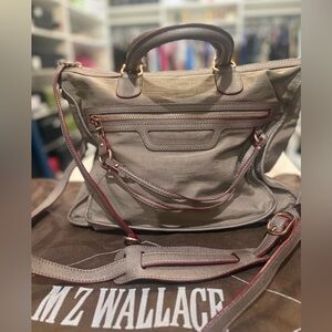 MZ WALLACE gray nylon with leather and burgundy color  trim Bag with pouch  EUC